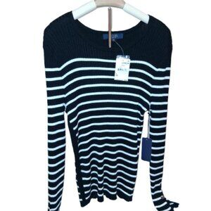 Rachel Roy Women’s Black White Striped Ribbed Knit Long Sleeve Sweater Size XL